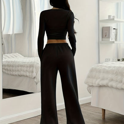 Effortless Wide Leg Set for Women with Round Neck Long Sleeve Ruched Drawstring Two Piece Style