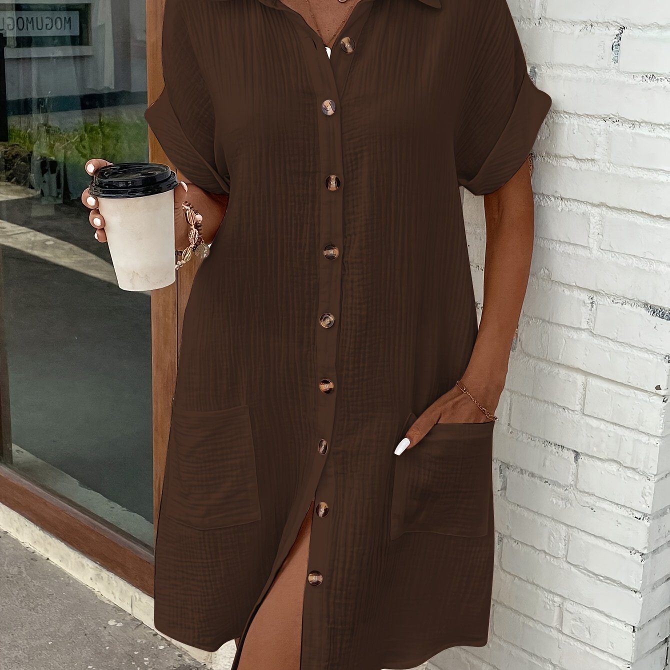 Effortless Textured Cotton Shirt Dress for Women with Collar Short Sleeve Button Front Relaxed Casual Style