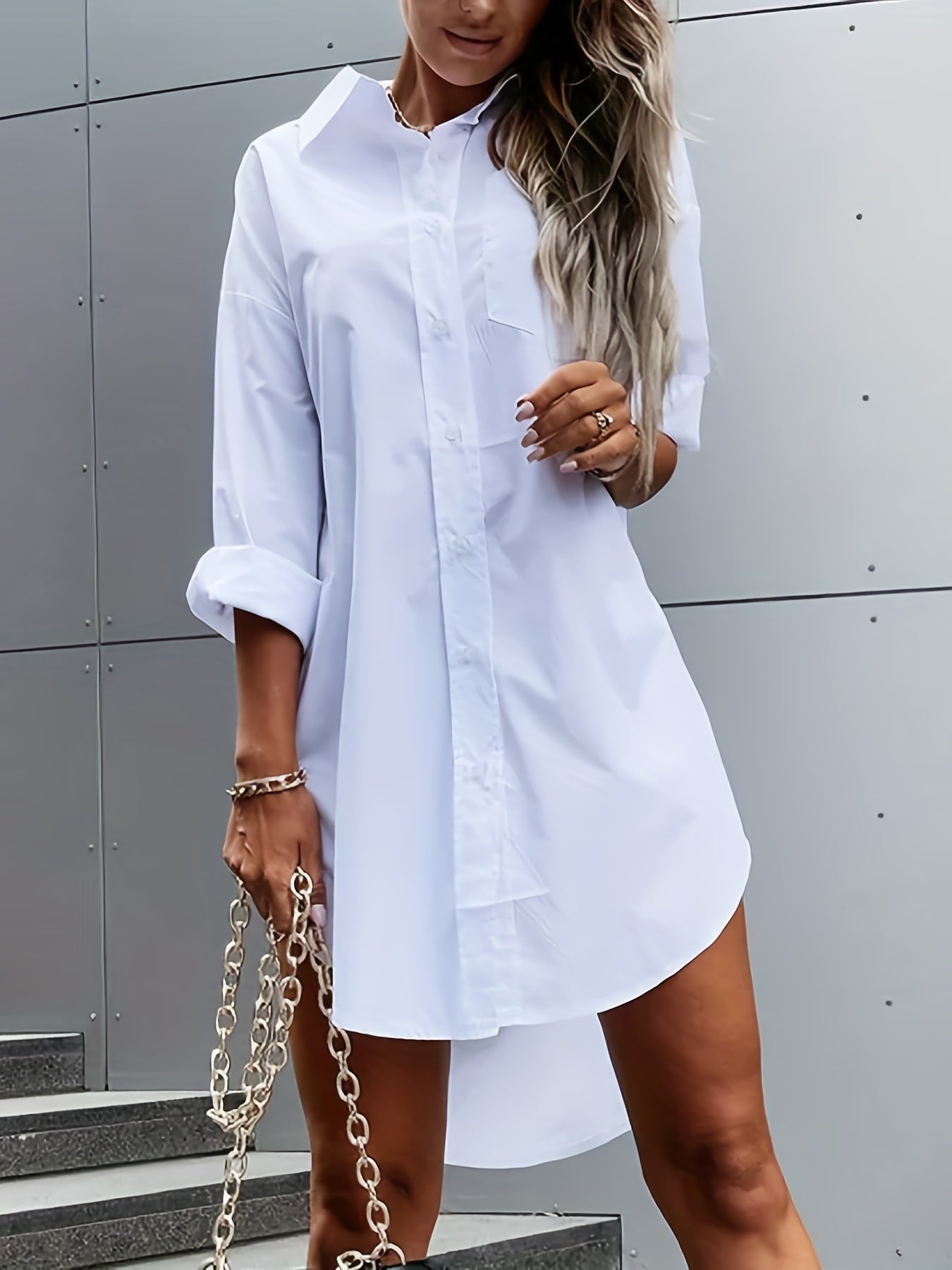 Effortless Oversized Shirt Dress for Women with Collar Long Sleeve Button Front High Low Hem Casual Style