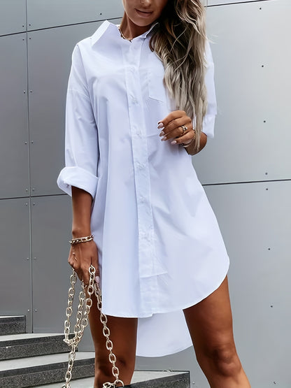 Effortless Oversized Shirt Dress for Women with Collar Long Sleeve Button Front High Low Hem Casual Style