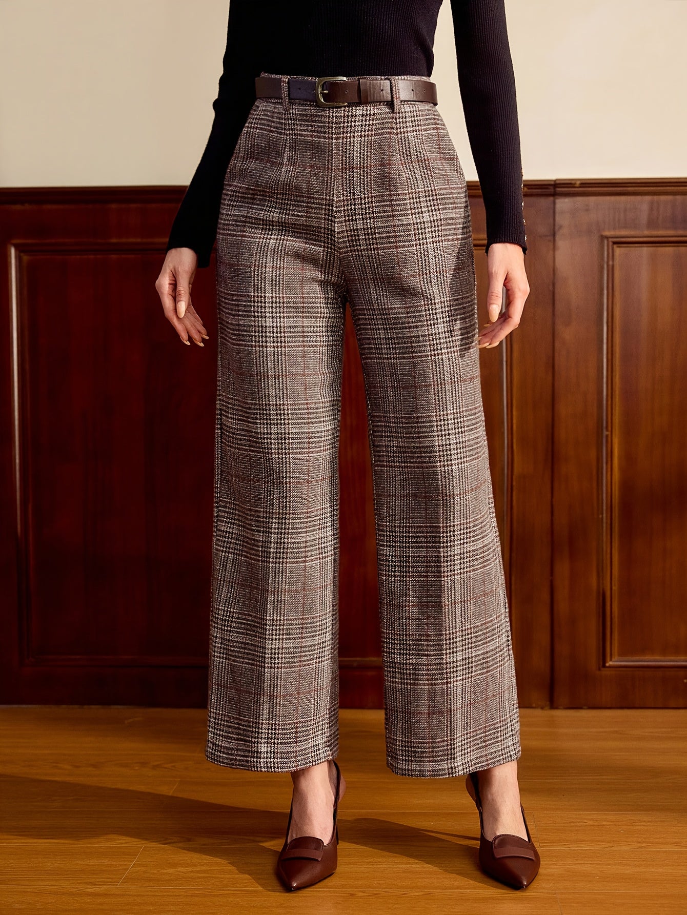 Elegant Plaid Wide Leg Trousers for Women with High Waist Belted Cropped Tailored Style
