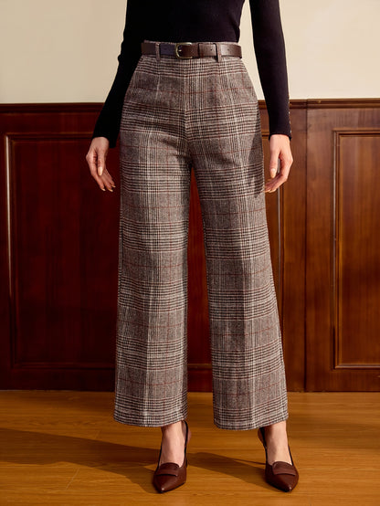 Elegant Plaid Wide Leg Trousers for Women with High Waist Belted Cropped Tailored Style