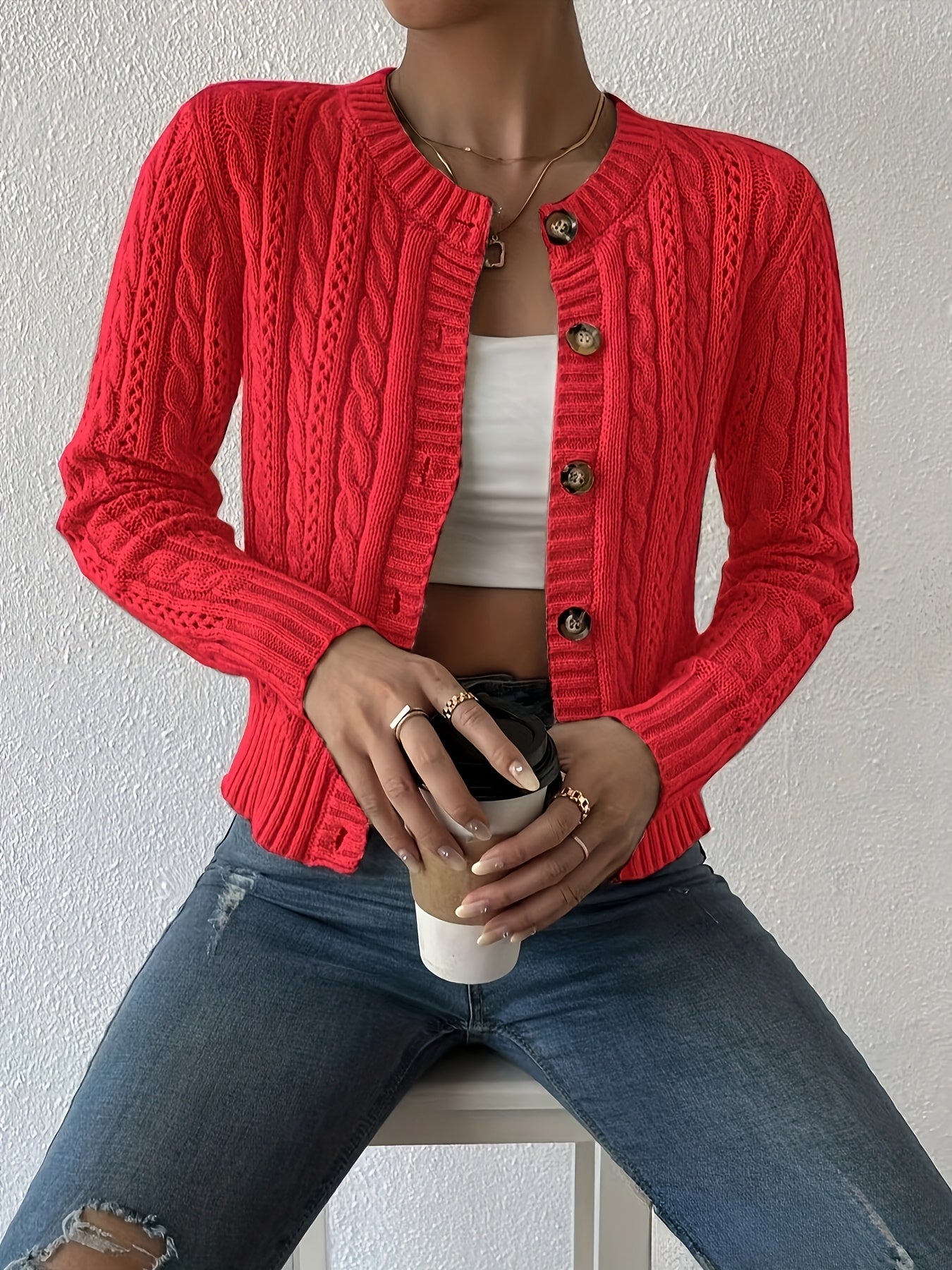Comfortable Cable Knit Cardigan Sweater for Women with Round Neck Long Sleeve Button Front Cropped Relaxed Style