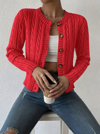 Comfortable Cable Knit Cardigan Sweater for Women with Round Neck Long Sleeve Button Front Cropped Relaxed Style