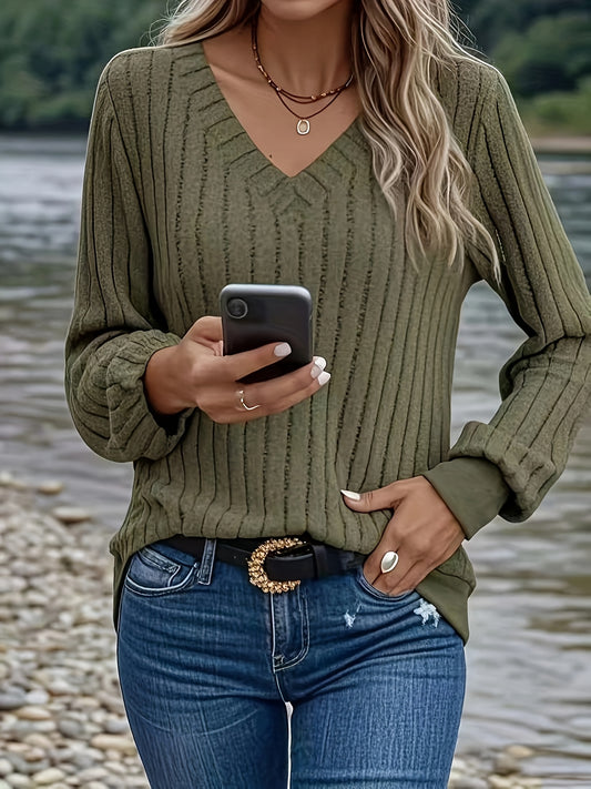 Comfortable Ribbed Knit Sweater for Women with V Neck Long Sleeve Relaxed Oversized Casual Style