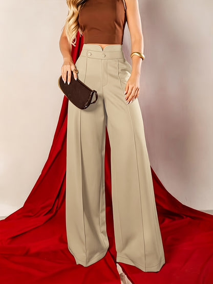 Elegant Khaki Wide Leg Pants for Women with High Waist Notched Button Tailored Flowing Style