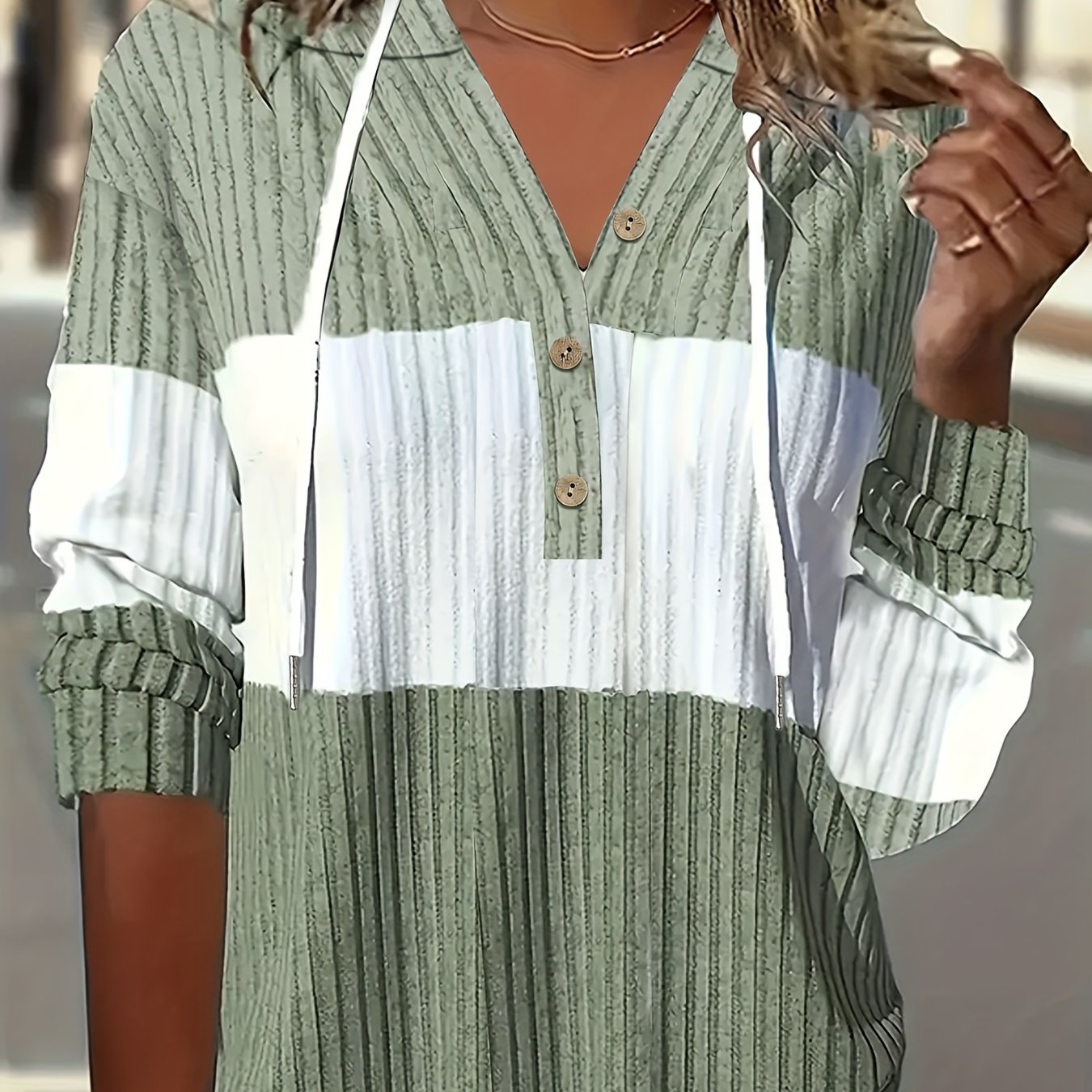 Comfortable Green Ribbed Knit Hoodie for Women with V Neck Long Sleeve Button Placket Relaxed Style