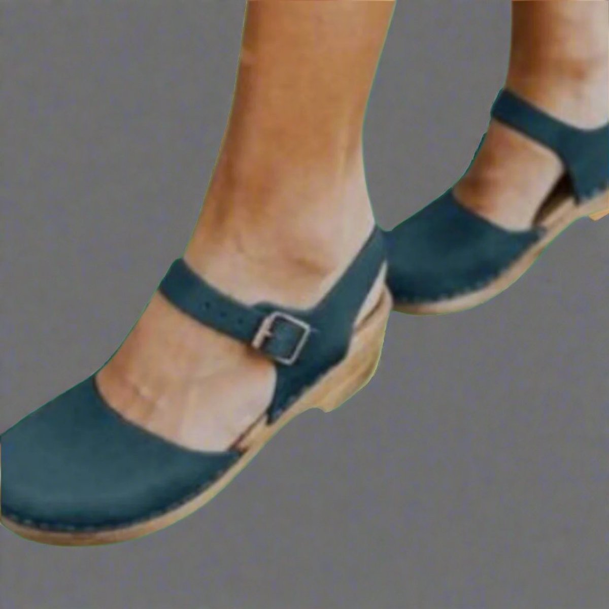 Effortless Leather Clog Sandal for Women with Round Toe Buckle Strap Wooden Heel Casual Style