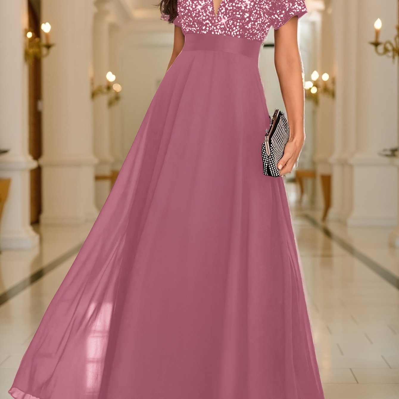 Elegant Sequin Maxi Dress for Women with V Neck Short Sleeve Empire Waist Flowing Formal Wedding Guest Style