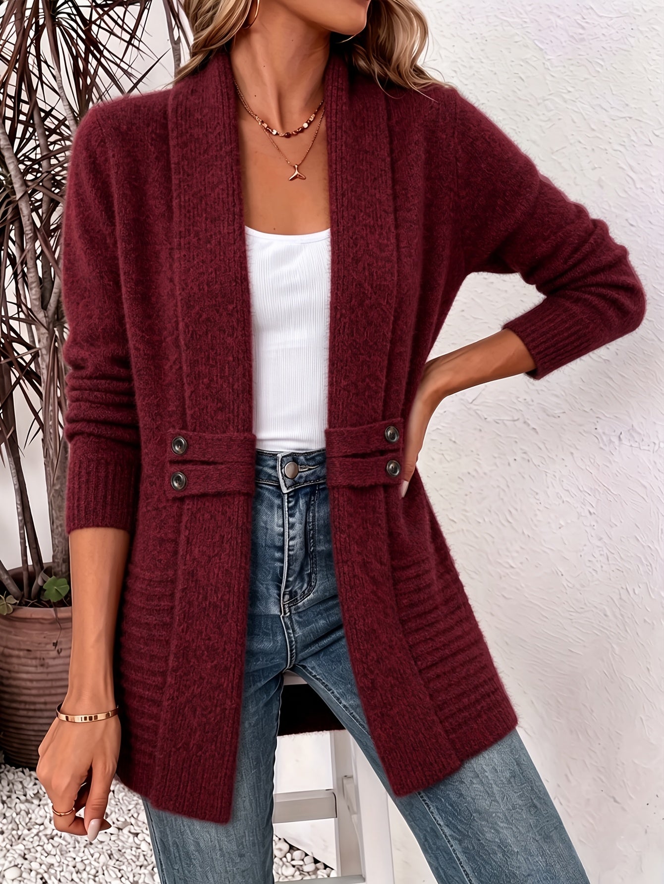 Comfortable Ribbed Cardigan Sweater for Women with Shawl Collar Long Sleeve Button Tab Oversized Knit Style