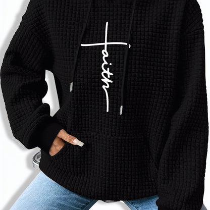 Comfortable Waffle Knit Graphic Hoodie for Women with Drawstring Long Sleeve Kangaroo Pocket Oversized Style