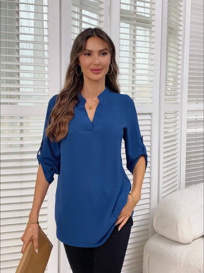 Effortless Tunic Blouse for Women with Collar V Neck Long Sleeve Roll Tab Relaxed Style