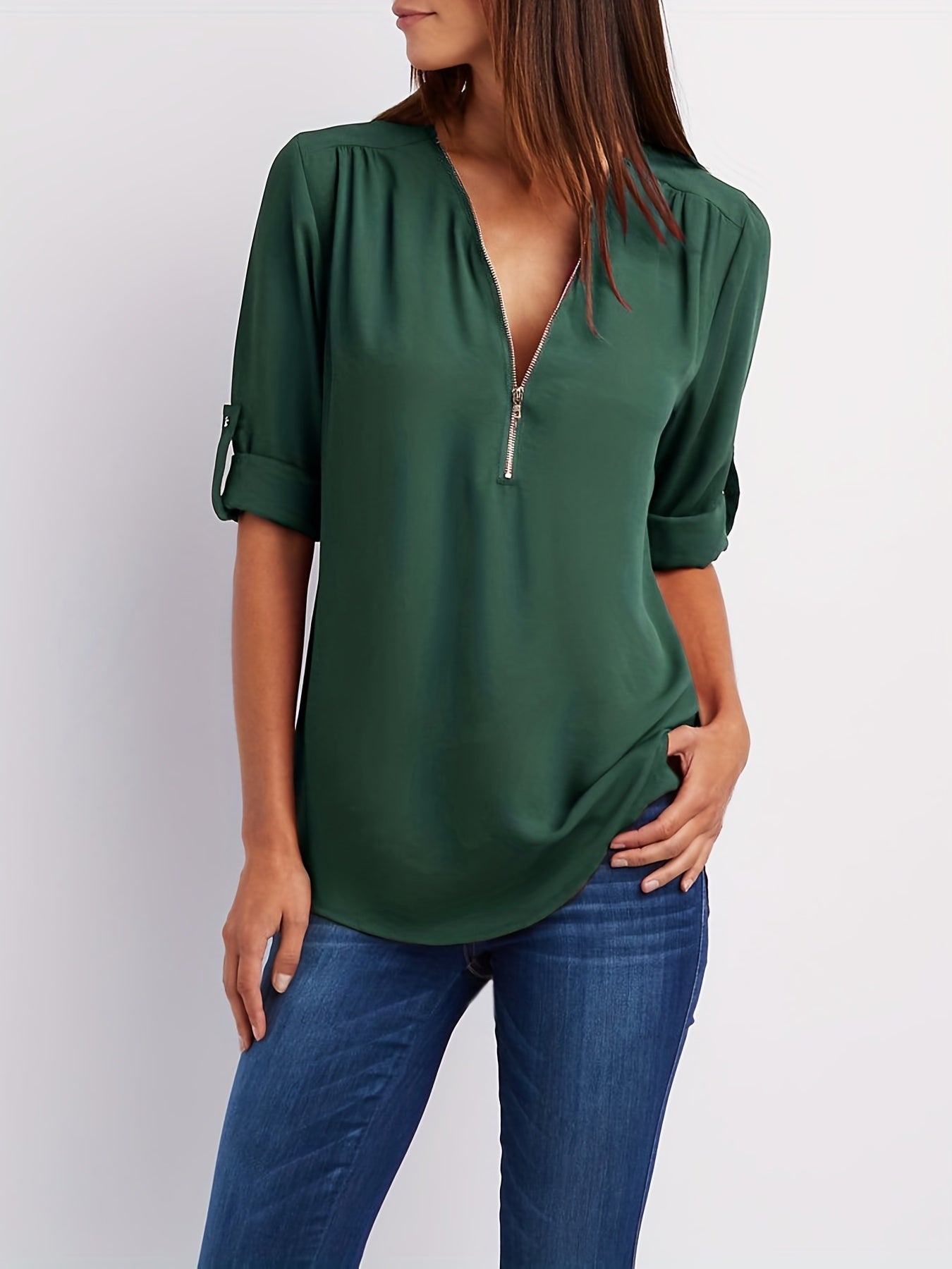 Effortless Chiffon Blouse for Women with V Neck Zip Front Roll Tab Sleeve Relaxed Style