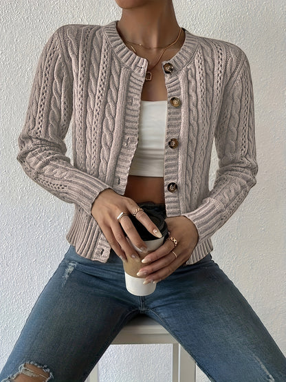 Comfortable Cable Knit Cardigan Sweater for Women with Round Neck Long Sleeve Button Front Cropped Relaxed Style