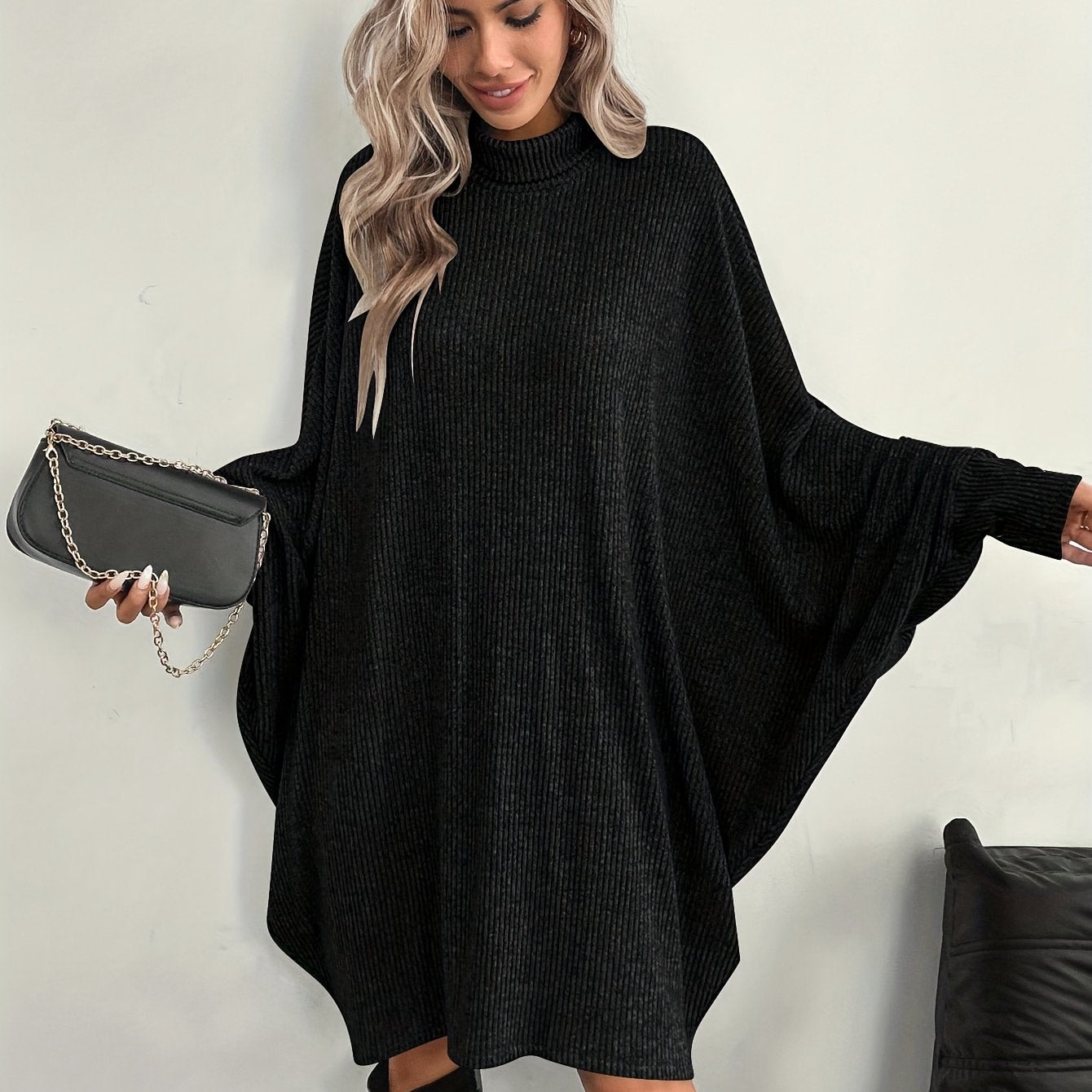 Comfortable Ribbed Knit Sweater Dress for Women with Mock Neck Batwing Sleeve Relaxed Oversized Knit Style