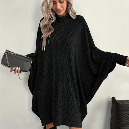 Comfortable Ribbed Knit Sweater Dress for Women with Mock Neck Batwing Sleeve Relaxed Oversized Knit Style