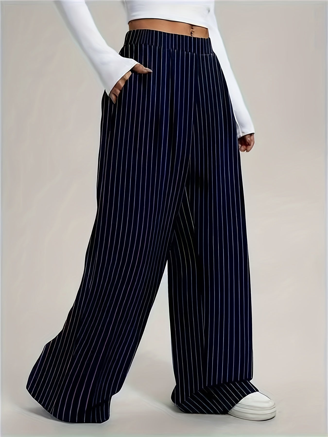 Effortless Navy Pinstripe Wide Leg Pants for Women with High Waist Pleated Relaxed Tailored Style