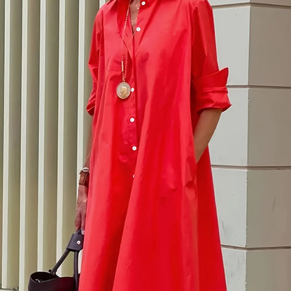 Elegant Red Shirt Dress for Women with Collar Long Sleeve A Line Relaxed Style