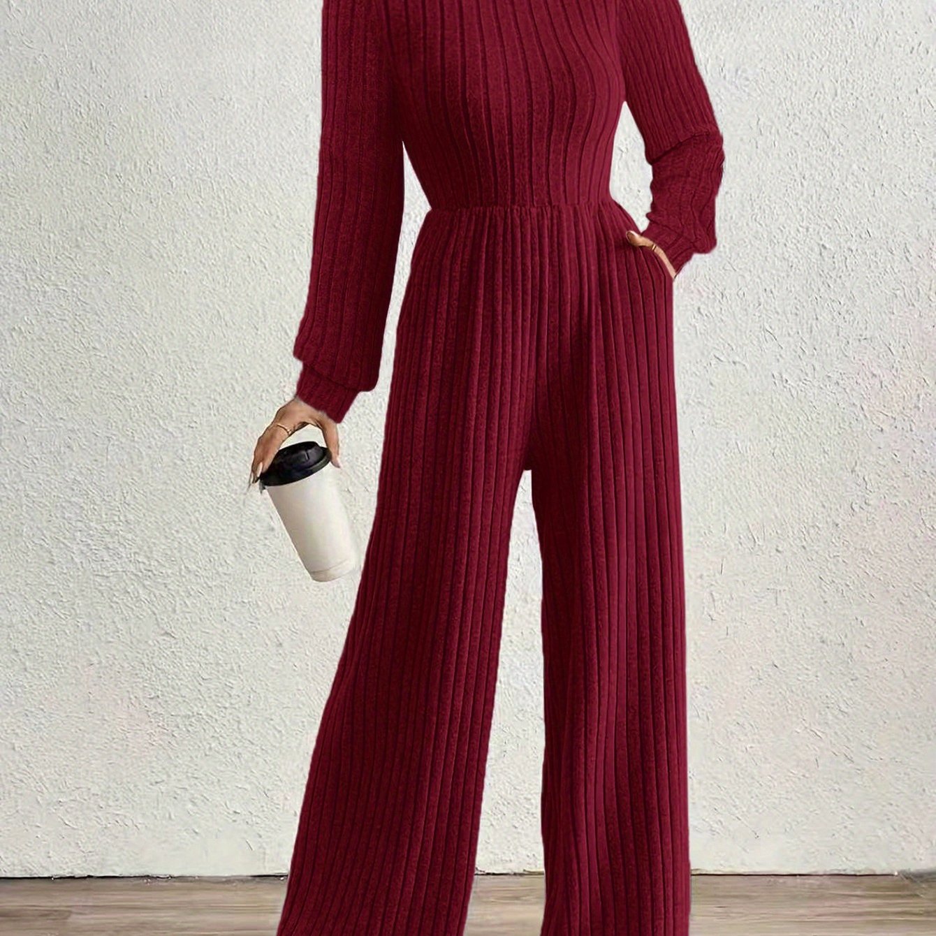 Elegant Ribbed Knit Jumpsuit for Women with Mock Neck Long Sleeve Wide Leg Casual Style