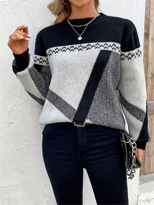 Comfortable Colorblock Sweater for Women with Crew Neck Long Sleeve Geometric Print Oversized Knit Style