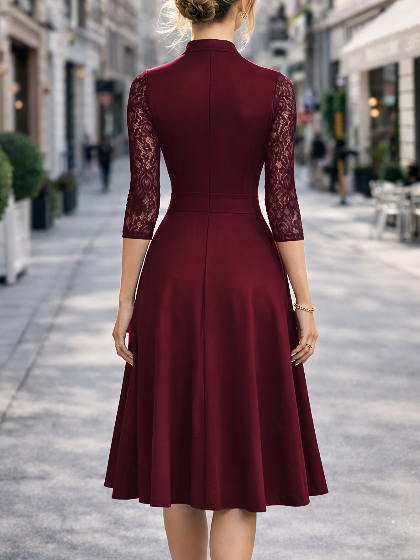 Elegant Lace Midi Dress for Women with V Neck Elbow Sleeve Fit and Flare Cocktail Style