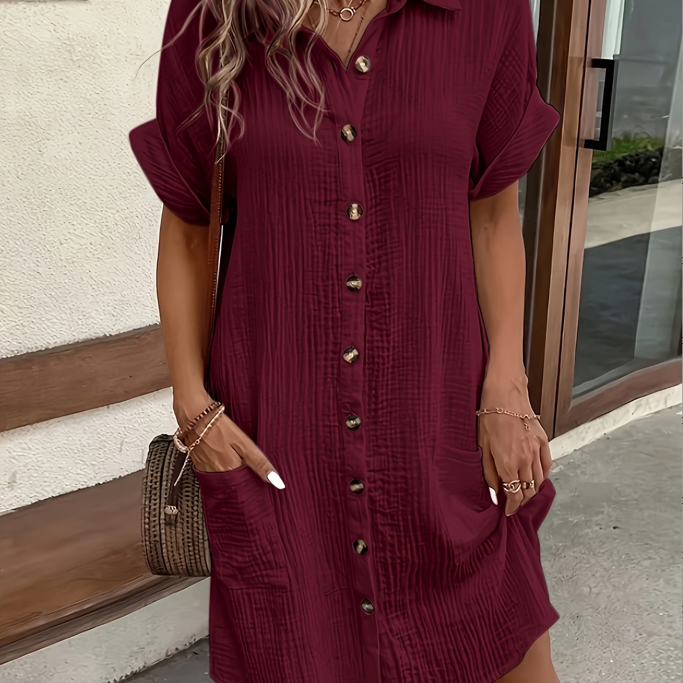 Effortless Textured Cotton Shirt Dress for Women with Collar Short Sleeve Button Front Relaxed Casual Style