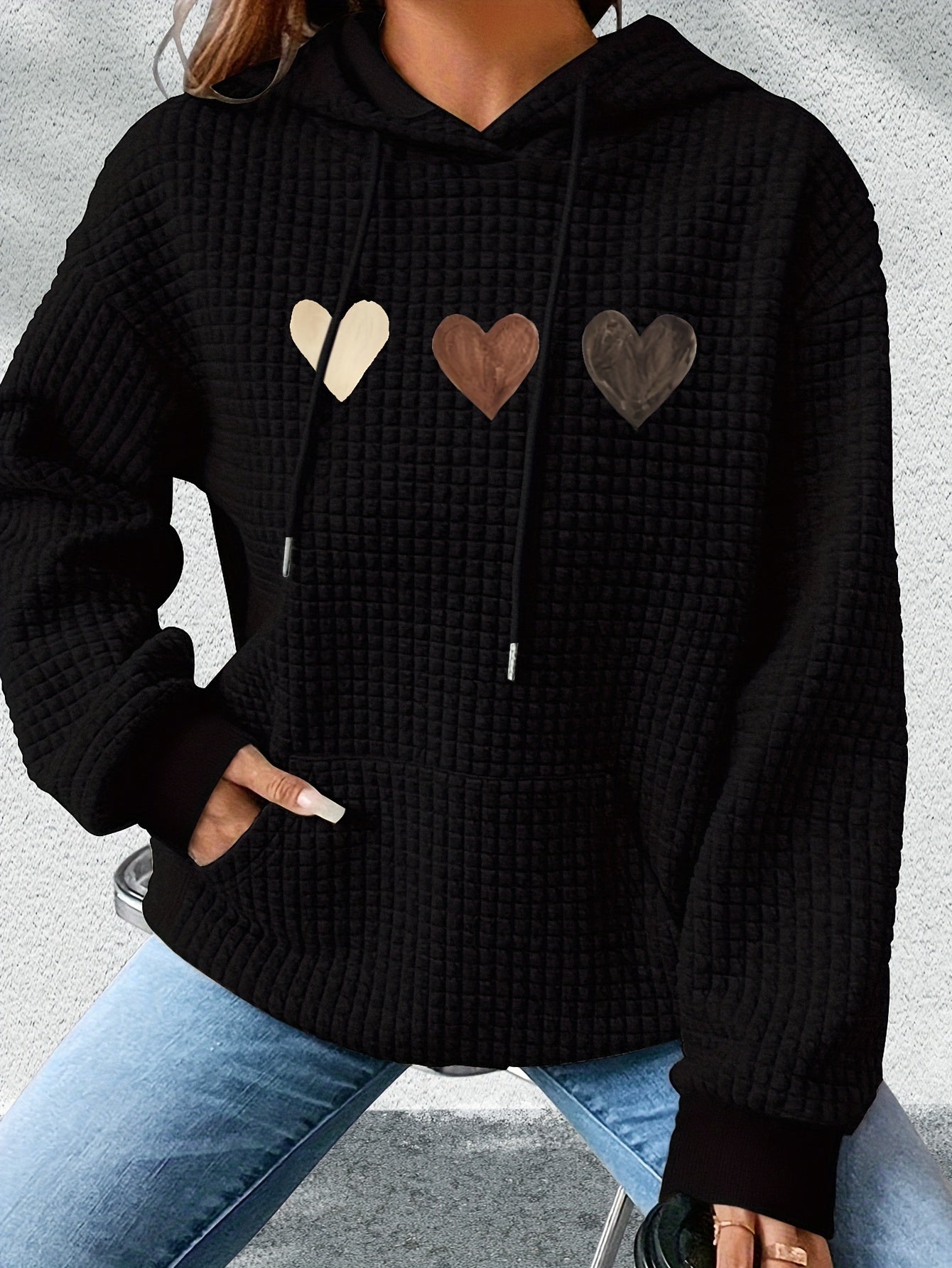 Effortless Heart Print Waffle Knit Hoodie for Women with Drawstring Hood Long Sleeve Oversized Relaxed Style