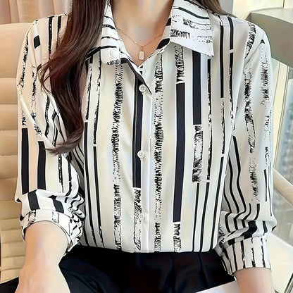 Effortless Striped Blouse for Women with Collar Long Sleeve Button Front Relaxed Style