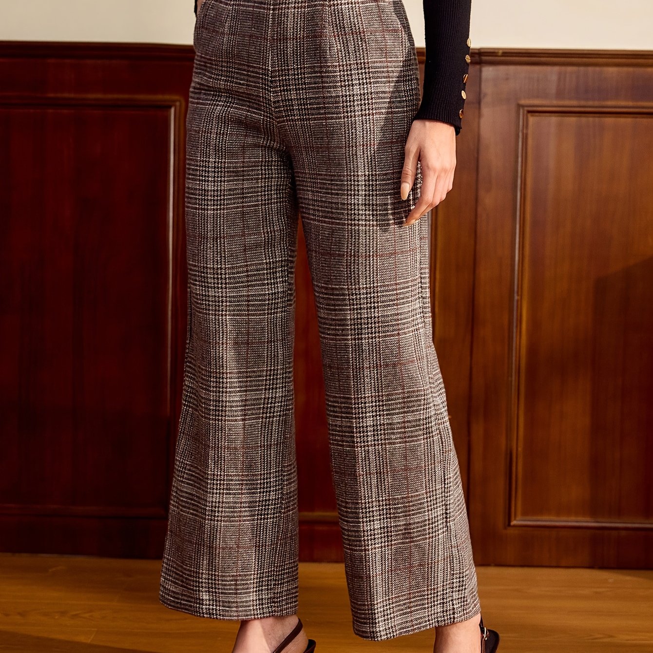 Elegant Plaid Wide Leg Trousers for Women with High Waist Belted Cropped Tailored Style