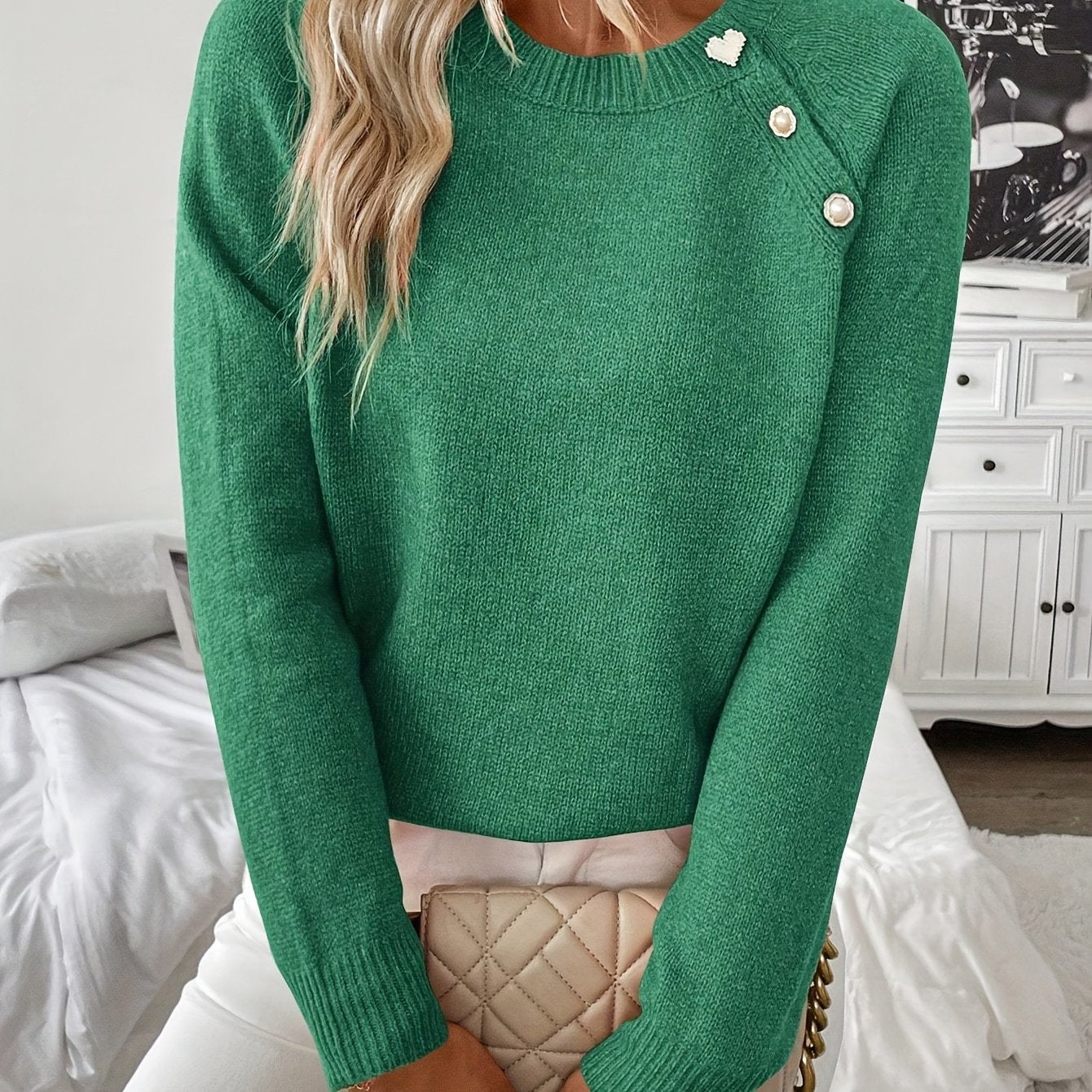 Elegant Pearl Button Sweater for Women with Crew Neck Long Sleeve Cropped Relaxed Knit Style