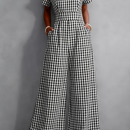 Effortless Gingham Wide Leg Jumpsuit for Women with V Neck Short Sleeve Pleated Pocket Casual Style