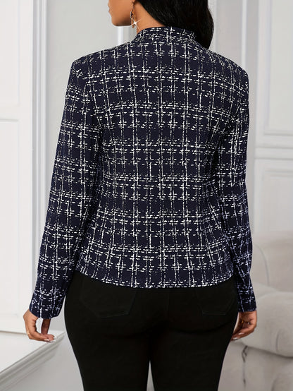 Elegant Plaid Tweed Blazer for Women with Lapel Collar Long Sleeve Open Front Cropped Casual Style