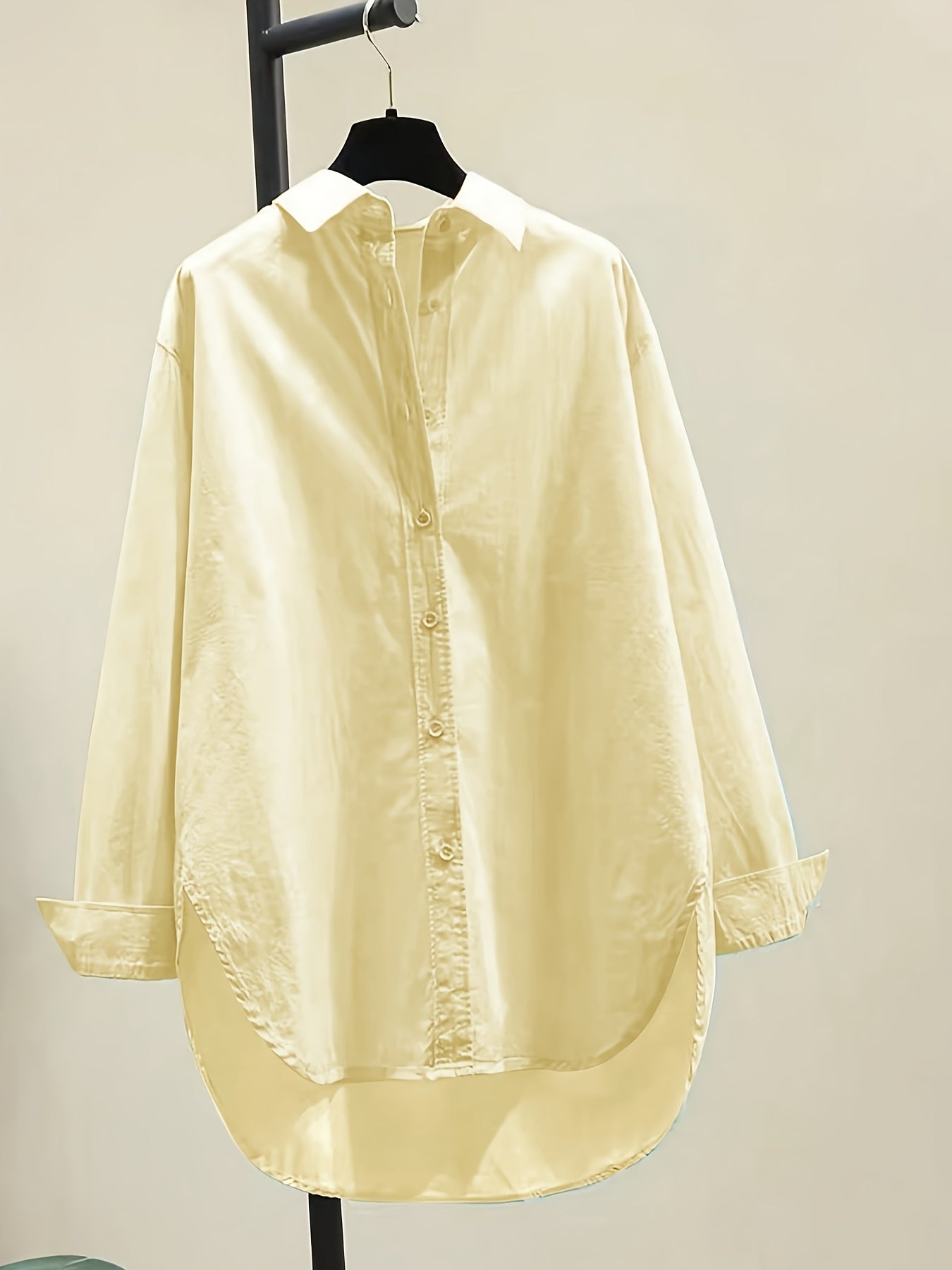 Effortless Oversized Blouse for Women with Point Collar Long Sleeve High Low Curved Hem Relaxed Style