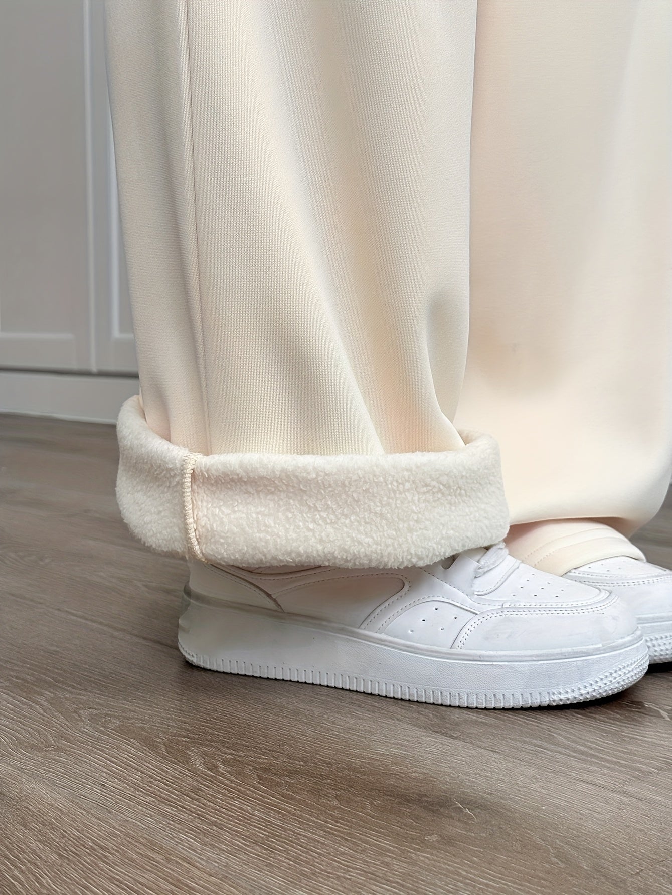 Effortless Apricot Fleece Wide Leg Pants for Women with High Waist Drawstring Relaxed Casual Style