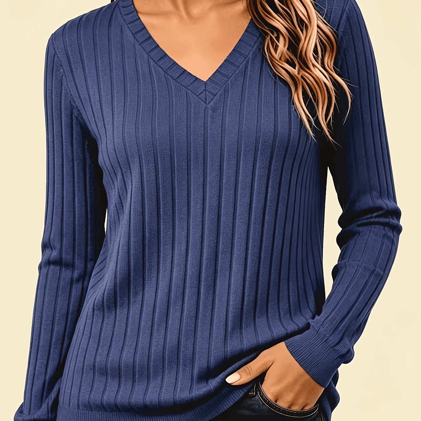 Comfortable Ribbed Knit Sweater for Women with V Neck Long Sleeve Relaxed Oversized Casual Style