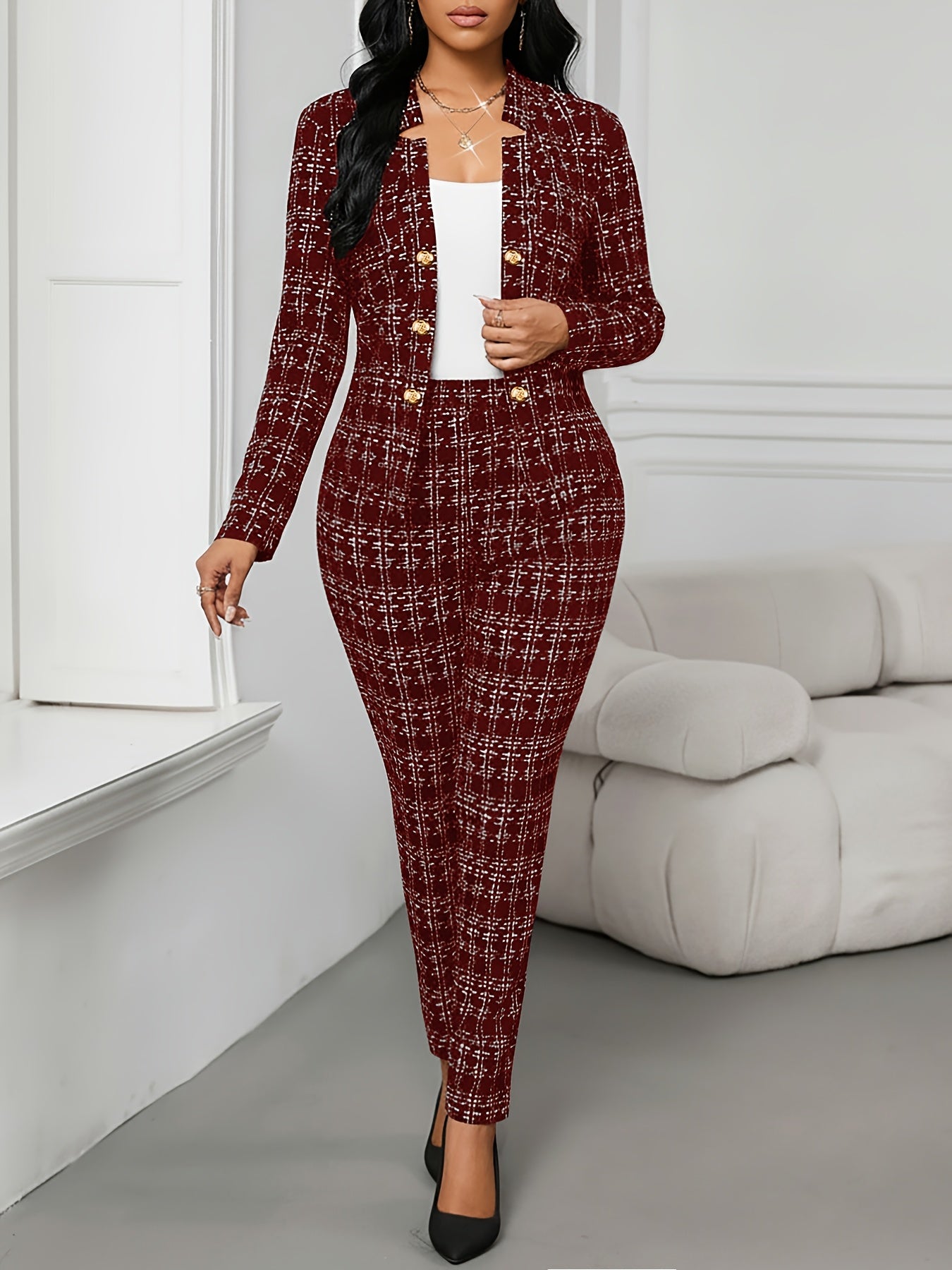 Elegant Plaid Tweed Two Piece Set for Women with Stand Collar Double Breasted Jacket Tailored Pant Formal Style