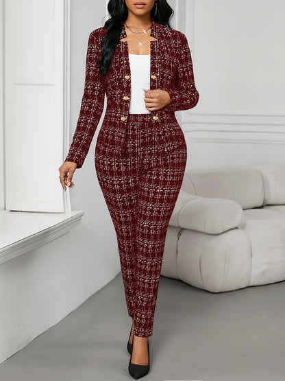 Elegant Plaid Tweed Two Piece Set for Women with Stand Collar Double Breasted Jacket Tailored Pant Formal Style