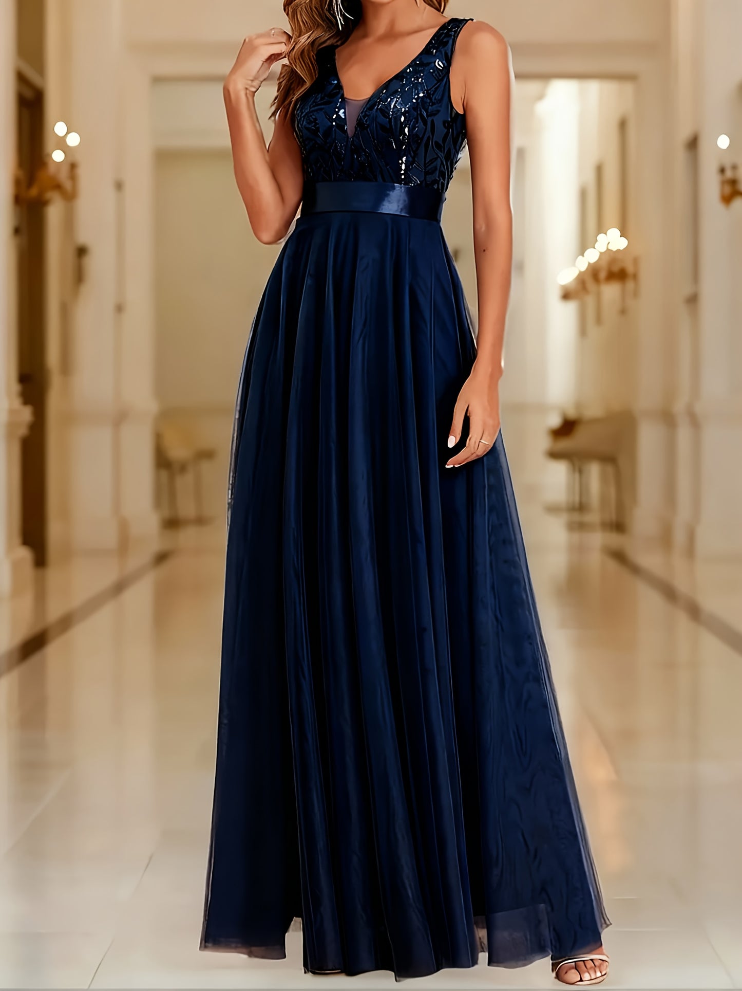Elegant Embroidered Sequin Maxi Dress for Women with V Neck Sleeveless A Line Formal Wedding Guest Style