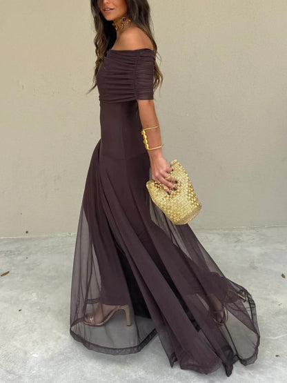 Elegant Mesh Maxi Dress for Women with Off Shoulder Ruched Sleeve Sheer Flowing Style
