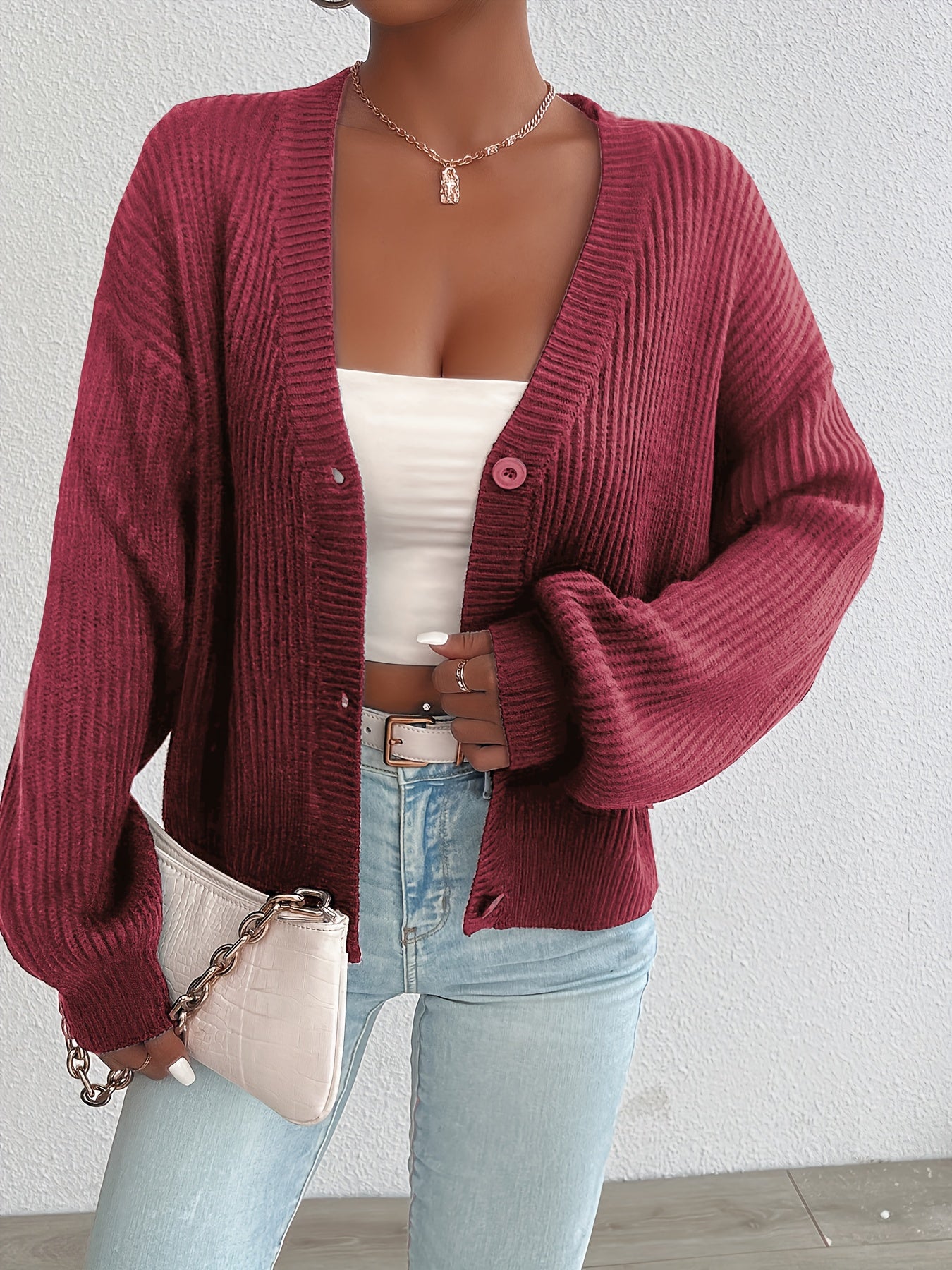 Effortless Ribbed Knit Cardigan Sweater for Women with V Neck Long Sleeve Button Front Oversized Relaxed Style