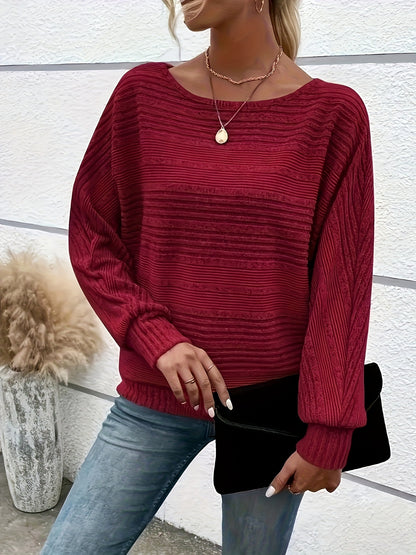 Comfortable Striped Knit Sweater for Women with Boat Neck Batwing Sleeve Ribbed Oversized Style