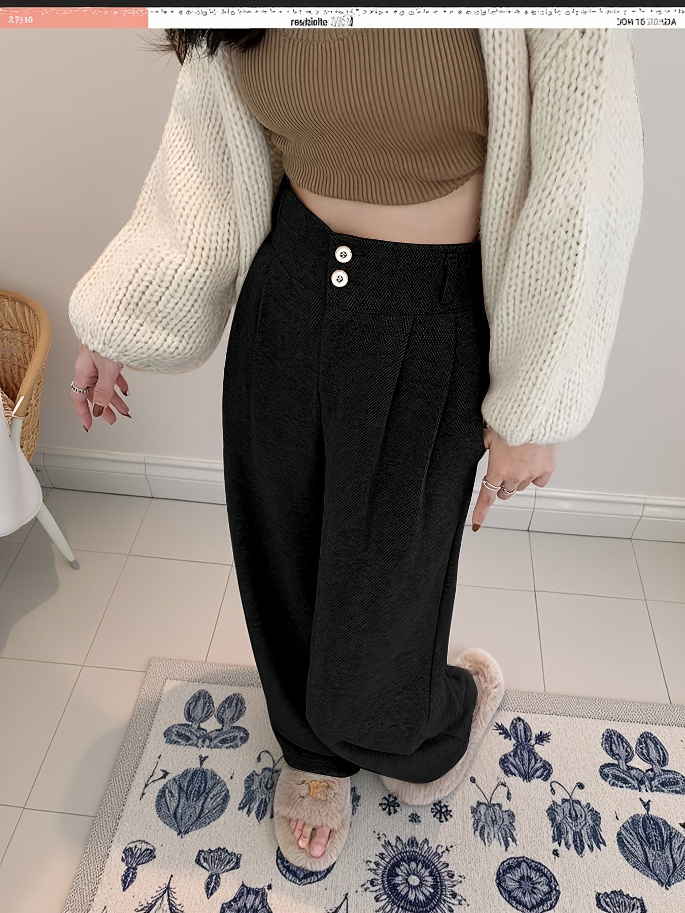 Effortless Herringbone Wide Leg Pant for Women with High Waist Button Front Pleated Tailored Style