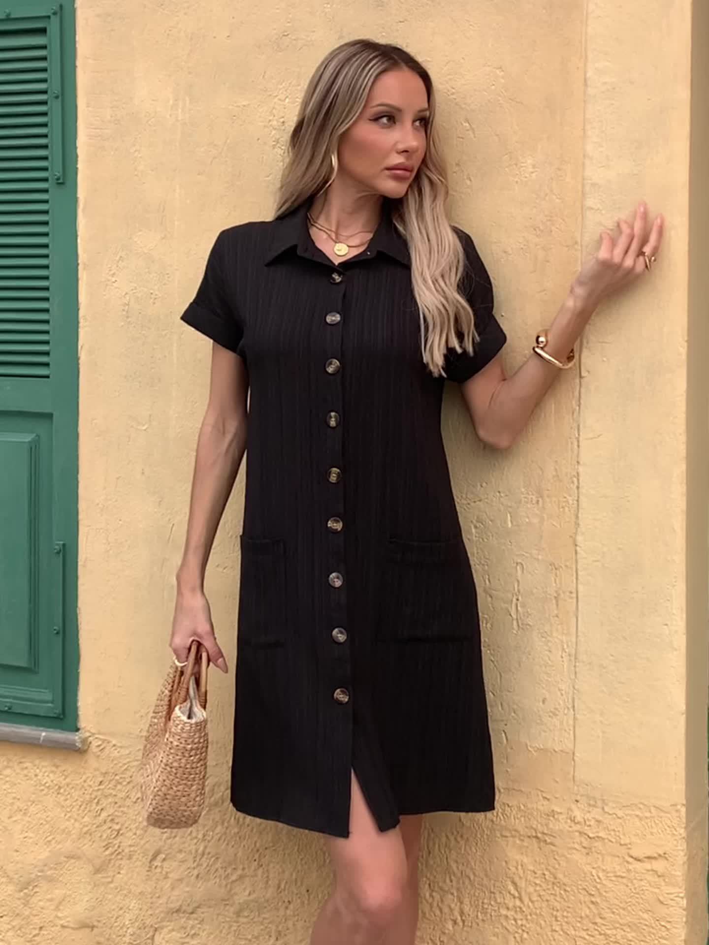 Effortless Textured Cotton Shirt Dress for Women with Collar Short Sleeve Button Front Relaxed Casual Style