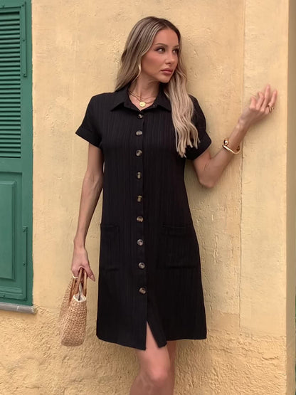 Effortless Textured Cotton Shirt Dress for Women with Collar Short Sleeve Button Front Relaxed Casual Style