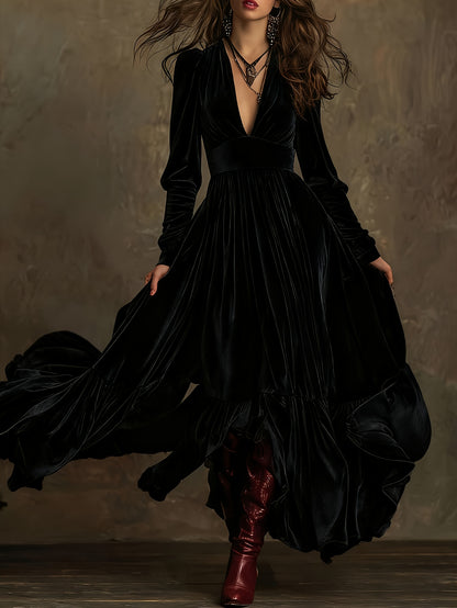Elegant Velvet Maxi Dress for Women with Plunging V Neck Long Sleeve Tiered Ruffle Flowing Style