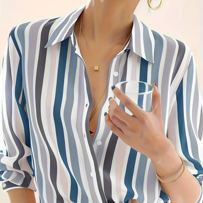 Effortless Striped Blouse for Women with Collar Long Sleeve Button Front Relaxed Style