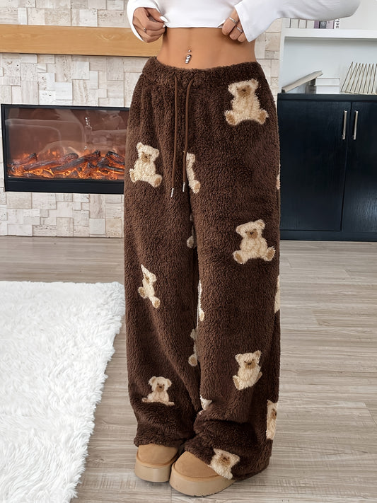 Comfortable Dark Brown Teddy Bear Print Fleece Pants for Women with High Waist Drawstring Wide Leg Relaxed Casual Style