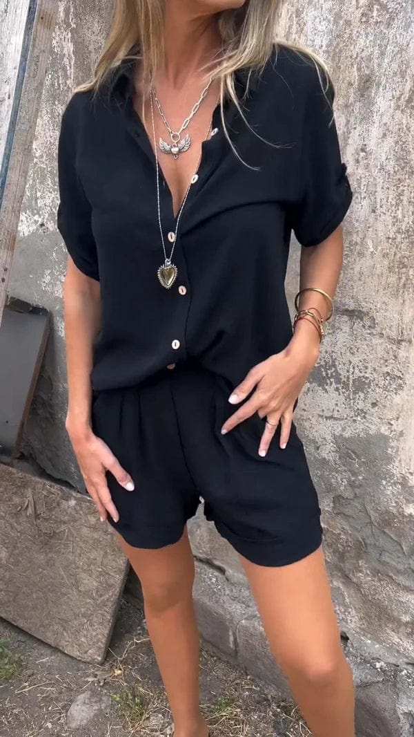 Effortless Linen Two Piece Set for Women with Collar Elbow Sleeve Button Front Relaxed Style