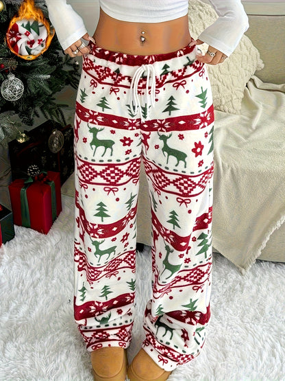 Comfortable Printed Fleece Pajama Pants for Women with High Waist Drawstring Wide Leg Cozy Style