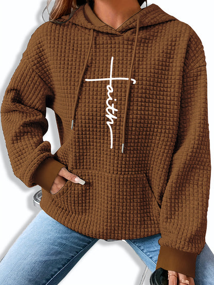 Comfortable Waffle Knit Graphic Hoodie for Women with Drawstring Long Sleeve Kangaroo Pocket Oversized Style